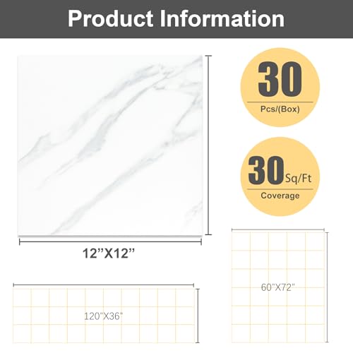 30Tiles Peel and Stick Vinyl Floor Tiles, White Marble,Self-Adhesive 12" x 12",DIY Flooring for Kitchen, Dining, Bedrooms & Bathrooms by Asstinous - Image 2