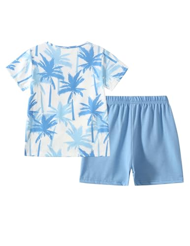 Image of Boy Shorts Sets Summer Hawaii Outfit Palm Print Short Sleeve T-Shirt and Drawstring Cotton Shorts with Pockets