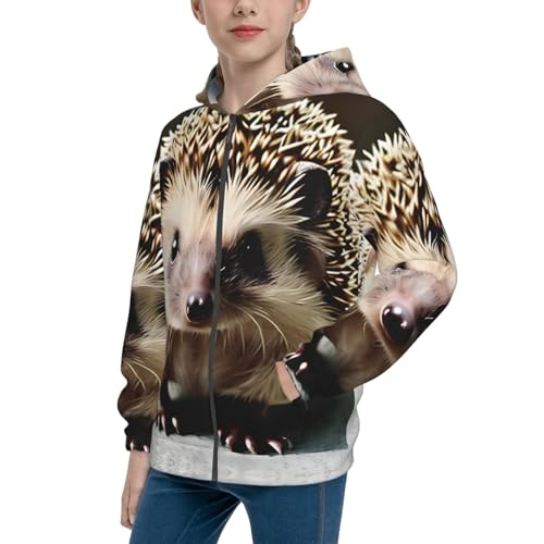 Cute hedgehog Print Girls Athletic Zip Up Hoodies,Sweatshirts with Pockets Long Sleeve Hooded Jackets, for 7-18 Y