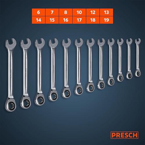 PRESCH Ratchet Spanner Set 12 pcs. (6-19mm) incl. Bag – Minimal Return Angle (up to 4°, 90 Teeth) – Precision-machined, Durable Ring spanners - Robust Metric Wrench 3 PRESCH Ratchet Spanner Set 12 pcs. (6-19mm) incl. Bag – Minimal Return Angle (up to 4°, 90 Teeth) – Precision-machined, Durable Ring spanners - Robust Metric Wrench - Image 3