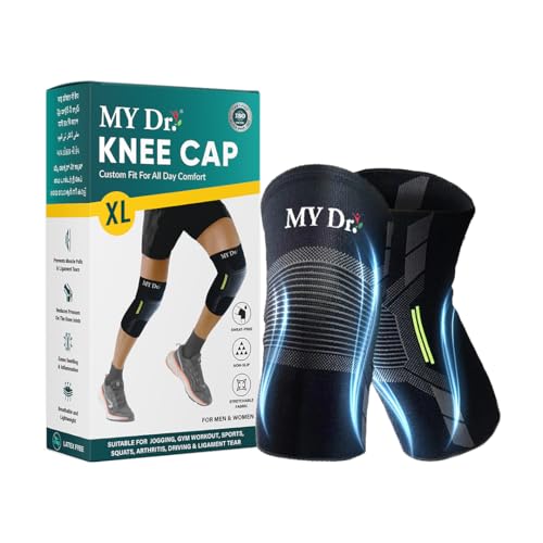 Image of MY Dr. Knee Cap (Pair) | Size XL | Compression Knee Support Brace for Pain Relief, Support & Stability | Ideal for Arthritis, Ligament Tear, Meniscus Injury, Injury Recovery, Driving, Jogging, Running, Gym, Workout, Squats & Sports | Breathable, Stretchable, Non-Slip, Sweat-Free, Skin-Friendly, Non-Irritating & Comfortable Fabric | Universal Fit for Men & Women