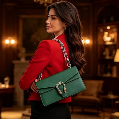 Leather Shoulder Bag Chain Purse for Women Green - Fashion Crossbody Bags, Evening Handbag Underarm Bag Square Satchel by FEIMINA - Image 2