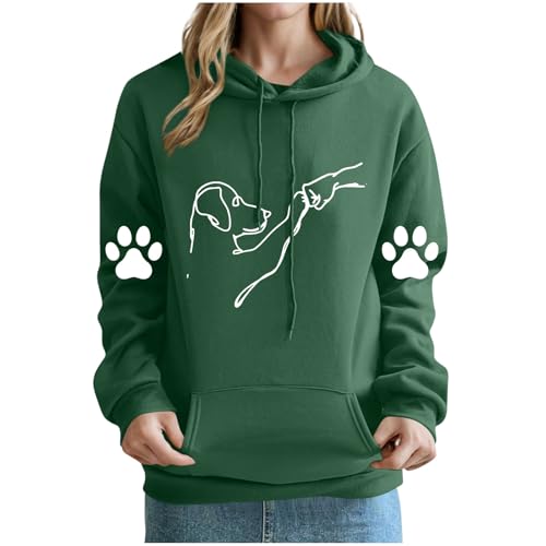 KOG Hoodie für Damen Baumwolle Kapuzenpullover Hunde-Print Hoodies Warmes Hooded Sweatshirt Frauen Kleidung 2025 Warme Teenager Mädchen Casual Slim Fit Pullover Bekleidung Armeegrün XL