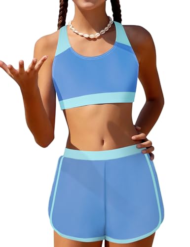 Image of Gaupafmb Girls Bikini 3PCS Swim Sets Color Block Crop Top Briefs with Shorts for 7-16 Years