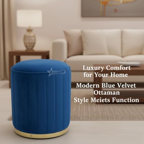 Image of Upholstered Round Linen Strip Stool Living Room Foot Rest Office Stool Pouf Ottoman Padded Seat - Blue