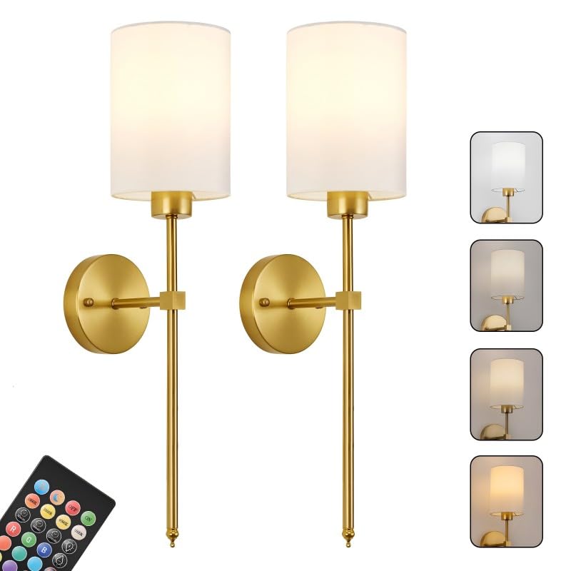 Image of Battery Operated Wall Sconces Set of Two,Wireless Rechargeable Wall Light With Remote Control, Dimmable, 1800K /3000K /4000K /6000K /RGB, Timer, for Living Room, Bedroom, Fireplace, TV, 23.6 Inch, Gold