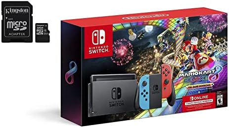 Nintendo Switch Mario Kart 8 Deluxe Accessories Bundle with Neon Blue & Neon Red Joy-Con & 32GB SD Card