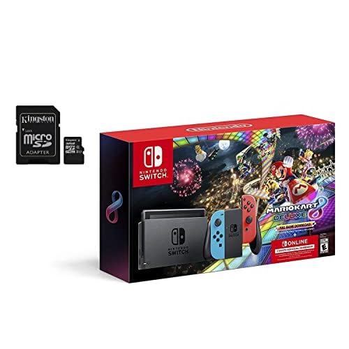 Nintendo Switch Mario Kart 8 Deluxe Accessories Bundle with Neon Blue & Neon Red Joy-Con & 32GB SD Card