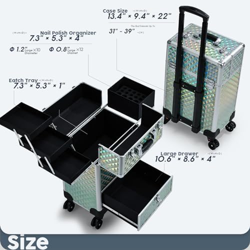 Hododou Rolling Makeup Train Case Portable Cosmetic Trolley with Drawer Wheels 4 Trays Large Bottom, Watery Blue