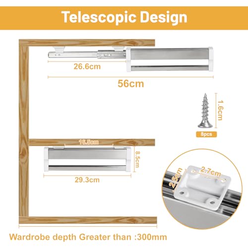 DBREAKS Extendable Clothes Rail for Pull-Out Clothes Hangers, Wardrobe Rail, Adjustable Wardrobe Rail - Image 3
