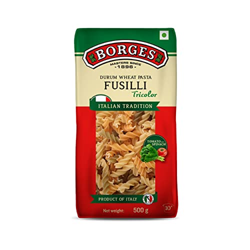 Image of Borges Tricolour Fusilli Pasta - 500 gm | Imported from Italy | Include Real Tomatoes & Spinach | No added colour