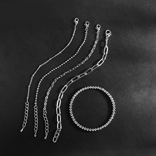 Conran Kremix Silver Bracelets For Women Girls Sets Dainty Link Paperclip Bracelet Stack Small Ball Bead Chain Bracelets Adjustable Layered Metal Link Bracelet #TOP4