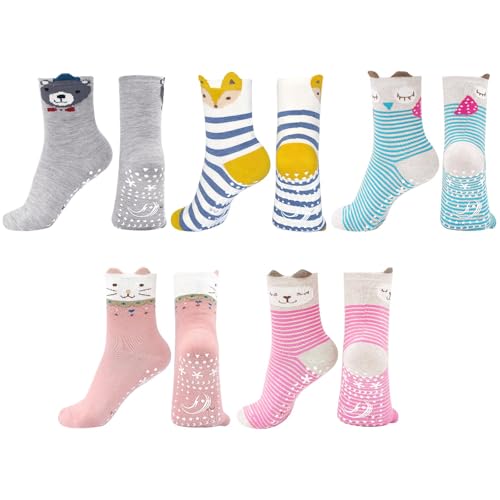 Image of Hellomamma Non-Slip Cotton Toddler Socks, Cute Animals Crew Kids Socks with Grippers Anti Skid Children Socks for Girls Boys