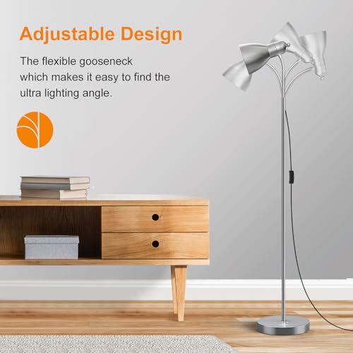 LEPOWER Floor Lamp, Metal Standing Lamp with Adjustable Gooseneck, Heavy Metal Base, Reading Pole Lamp for Office, Silver Floor Lamps for Bedroom, Living Room - Thumbnail 4