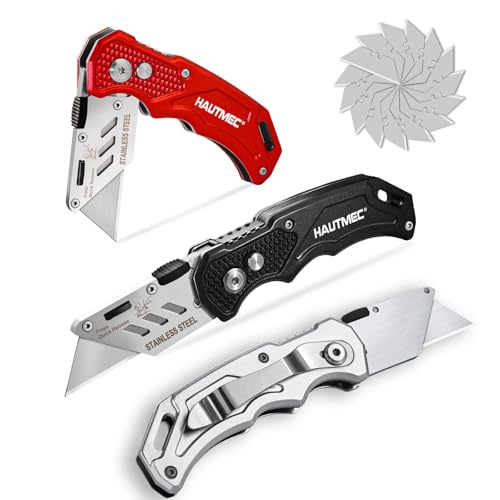 HAUTMEC 3-Pack Folding Utility Knife, Heavy-Duty Aluminum Box Cutter with Quick-Change Blades & Lock-Back Safety Design, Ergonomic Streamlined Grip Includes 15 Extra SK5 Blades, HT0429 by HAUTMEC - Used condition - US$18.42