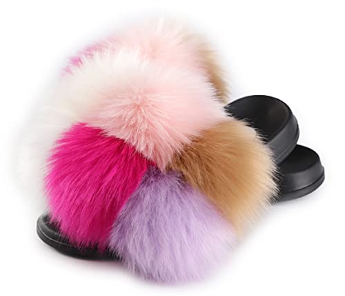 Image of Women's Faux Fur Slides, Open Toe Cute Fur Slippers, Indoor or Outdoor Comfortable Furry Slide Sandals With Fluffy Fur
