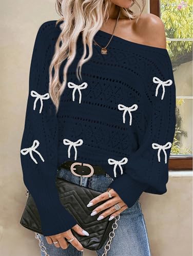 Image of Cakulo Womens Off Shoulder Sweater Top Fall Outfits Fashion 2025 Oversized Knit Batwing Long Sleeve Crochet Pullover Sweaters