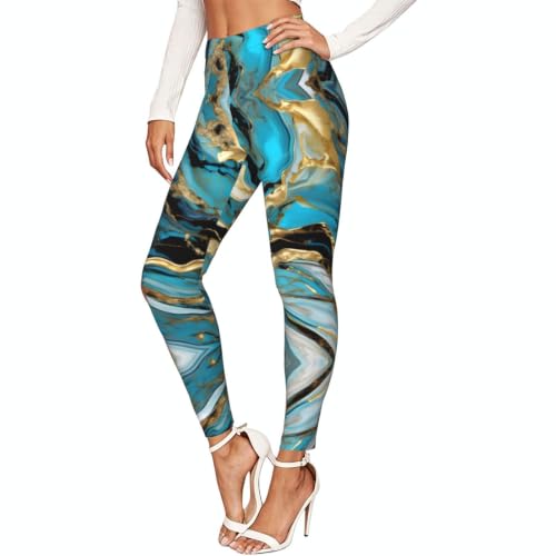 Leggings de compresión suave para mujer con estampado de mármol azul turquesa y diseño elegante