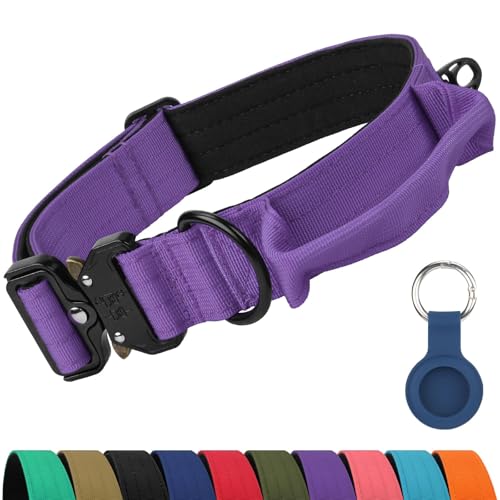 Joytale Tactical Dog Collar with Control Handle AirTag Holder Purple L
