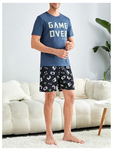 Image of Verdusa Men's Pajamas Set 2 Piece Pjs Sets Short Sleeve Letter Print Tee and Short Lounge Set