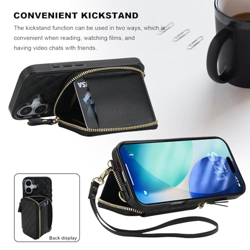 Bocasal Crossbody Wallet Case for iPhone 17, RFID Blocking PU Leather Zipper Handbag Purse Flip Cover, Kickstand Folio Case with Card Slots Holder Wrist Strap Lanyard 5G 6.3 Inch (Black)