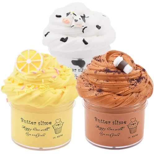 Image of Butter Slime Kit 3 Pack with Coffee Slime, Milk Slime and Lemon Slime, Beverage Slime, Non-Sticky Sludge Super Soft Cotton Putty Toys, Birthday Gifts Kids Party Favors for Girls and Boys