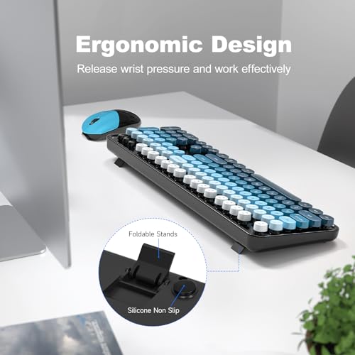 Image of Wireless Keyboard and Mouse Combo, 2.4GHz Gradient Colorful Full-Size Retro Typewriter Keyboard with Wireless Mouse for PC /Desktop /Laptop /Windows (Black Blue)