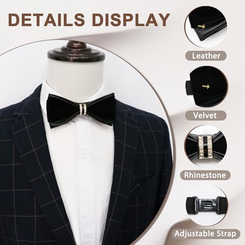 Image of Men's PU Velvet Rhinestone Bow Tie for Wedding | Adjustable neck strap, Soft velvet finish, For tuxedo and prom events, No tying required, Elegant rhinestone accent