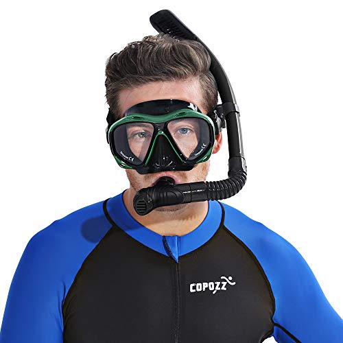 COPOZZ Snorkel Mask, Snorkeling Scuba Dive Glasses, Free Diving Tempered Glass Goggles - Optional Dry Snorkel with Comfortable Mouthpiece (4260-Blue)