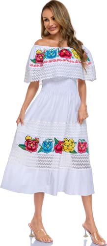 Image of YZXDORWJ Women Embroidered Mexican Peasant Casual Sexy Lace Off-Shoulder Long Dress