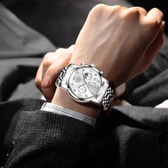 OLEVS Men's Chronograph Watch, Gold Silver Stainless Steel Analog Quartz Watch, Waterproof Multi-Function Dial with Date Diamond Watches for Men