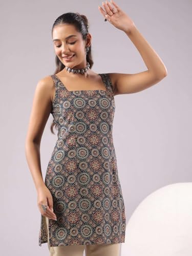 Image of Rimeline Women's Printed Cotton Sleeveless Square Neck Kurti Top | Straight Fit Ethnic Casual Tunic