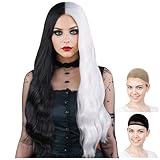 CaseEden コスプレ ウィッグ ウェーブヘア センター分け ロング 60cm 耐熱 ブラック ＆ シルバー WIG6196