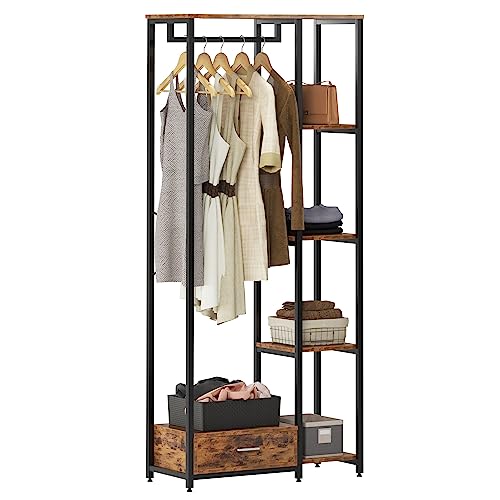 DlandHome Appendiabiti con ripiani e cassetto, armadio aperto in acciaio e MDF, porta abiti con ripiani per scarpe e borse per soggiorno, camera da letto, 180 cm, marrone/nero, CCR03