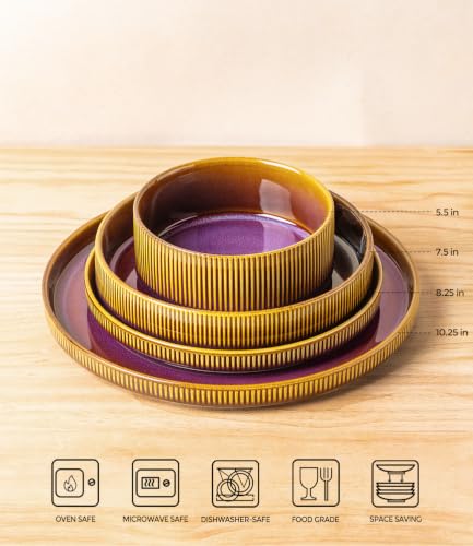 Image of Ceramic Dinnerware Set for 4, 16-Piece Plates and Bowls Set | Lightweight Porcelain Dish Set, Scratch Resistant, Oven & Microwave & Dishwasher Safe, Amber Amethyst