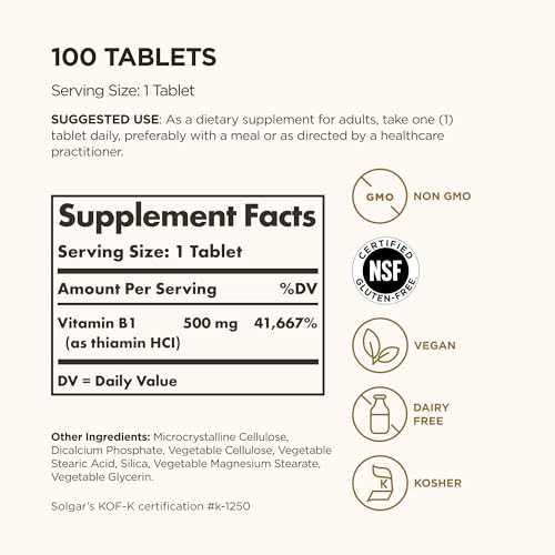 Solgar Vitamin B1 (Thiamin) 500 mg, 100 Tablets - Energy Metabolism - image 2