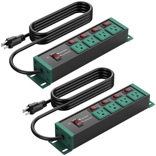Image of CCCEI 2PCS Heavy Duty Power Strip Surge Protector 20 AMP Individual Switches. 12 Gauge Extension Cord with Multiple Outlets. Garage, Shop, Industrial Wall Mount Electric Extender. 4FT, Green.