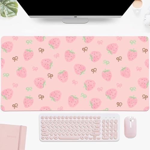 Idocolors Tapete minimalista de escritorio rosa con fresas, tapete para teclado y mouse para juegos, grande, lindo kawaii, protector de escritorio de oficina, 31.5 x 15.7 pulgadas