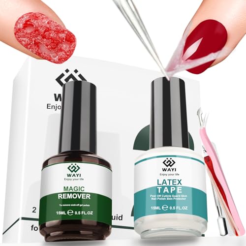WAYI Gel Polish Remover Kit - Gel Nail Polish Remover with Liquid Latex Tape Peel Off and Manicure Tools, Quick & Easy Gel Polish Remover in 2-5 minutes