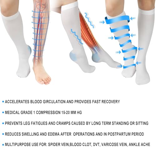Image of TED Hose Compression Stockings for Women & Men,Anti Embolism Knee-High | Thigh High Compression Socks with Inspection Hole,15-20mmHg Medical Compression Hose,Unisex White