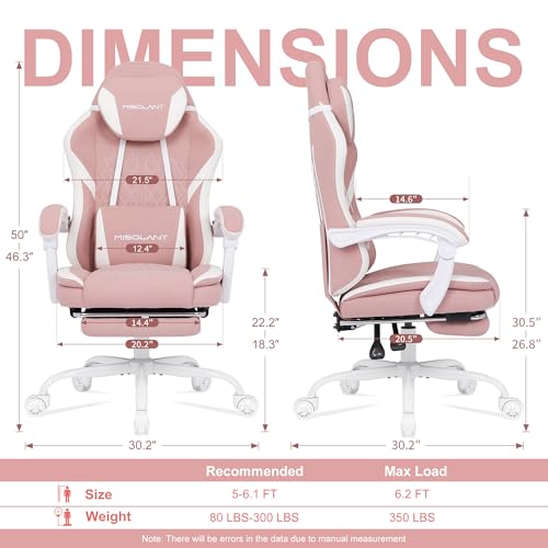 Image of Misolant Gaming Chair, Fabric Gamer Chair with footrest for Adults, High Back Ergonomic Computer Game Chair with Adjustable Headrest and Massage Lumbar Support, 90-155 Recline Free, Pink