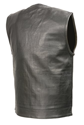 Men’s Leather Club Style Vest | Premium Natural Buffalo Leather | Patch Access Lining | Concealed Gun Pocket, Collarless Biker Vest (Black, 2X)