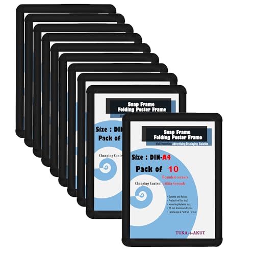TUKA-i-AKUT 10x A4 Cadre à Clipser en Aluminium Coins Arrondis, Profilé Aluminium 25 mm Cadre pour Affiche Photo Poster, Cadre d'Affichage avec Matériel de Fixation, Noir Couleur TKD8421-A4-10X