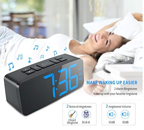 PINGKO Digital Alarm Clock with FM Radio-Large Smart LED Display, Snooze Function,Adjustable Brightness -Small and Light for Travel,Desk or Bedroom (Black)