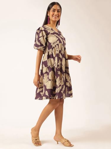 Image of Vbuyz Women's Floral Print Flared Cotton Beige Stitched Dress