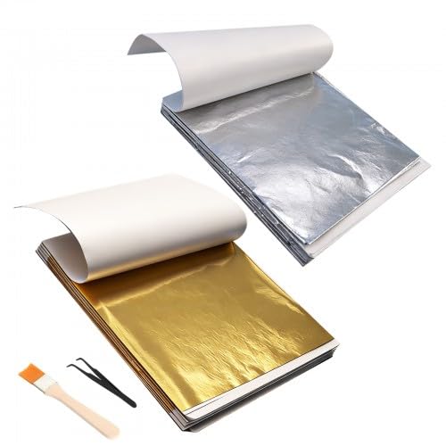 Kaiyzo 200 Blatt Blattgold Zum Basteln und Goldfolie, Inkl. 100 Gold und 100 Silber, 8.5x9.5cm Goldpapier Zum Basteln mit Pinzette und Pinsel für Vergoldung, Malerei, DIY, Deko