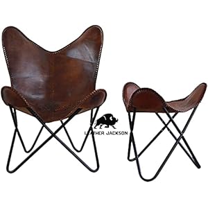 Bruine vintage lederen arm vlinderstoel | echt bruin lederen vlinderstoel woondecoratie | handgemaakte stoel (met…