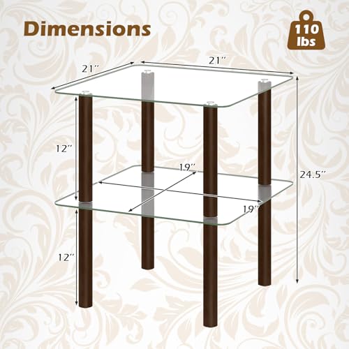 Image of Giantex Square End Table, 2-Tier Sofa Side Table with Clear Tempered Glass Top & Shelf, Small Accent Table with Solid Rubber Wood Legs for Living Room Bedroom Home Office (Brown & Clear)