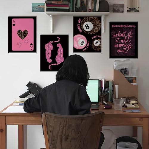 SkyCozy Pink and Black Room Decor, What If It All Works Out Positive Affirmations Wall Decor for Girls Dorm Bedroom, Trendy Retro Cheetah Lucky 8 Ball Wall Art Prints Set of 4, 12x16(Unframed)
