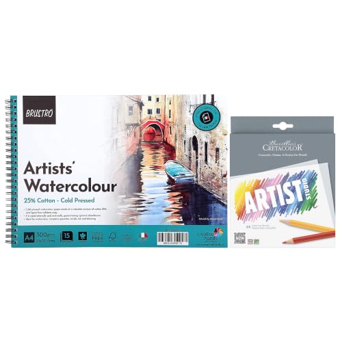 Image of Brustro Watercolour Paper Pad (300 GSM,A4,25% Cotton,Cold Pressed,15 Sheets) with Cretacolor Artist Studio Watercolor Pencils (Set of 24,Multicolor)|Ideal for Professional Drawing, Painting